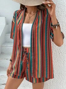 SHEIN VCAY Striped Print Drop Shoulder Kimono & Tie Front Shorts - Multicolor - View 6