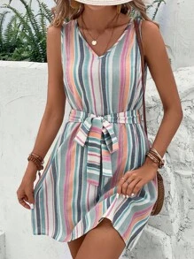 SHEIN LUNE Đầm Thắt lưng Sọc Giải trí - Nhiều màu - Xem 1