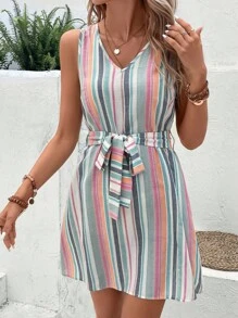 SHEIN LUNE Đầm Thắt lưng Sọc Giải trí - Nhiều màu - Xem 3