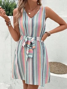 SHEIN LUNE Đầm Thắt lưng Sọc Giải trí - Nhiều màu - Xem 5