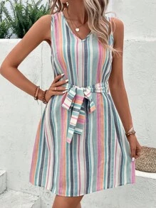 SHEIN LUNE Đầm Thắt lưng Sọc Giải trí - Nhiều màu - Xem 6