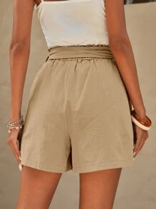 SHEIN LUNE Paperbag Waist Belted Shorts - Khaki - View 2