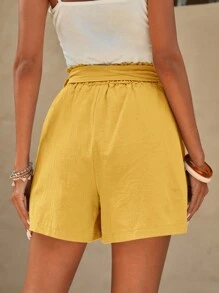 SHEIN LUNE Quần đùi nữ Thắt lưng Quần paper-bag màu trơn Giải trí - Màu vàng - Xem 2