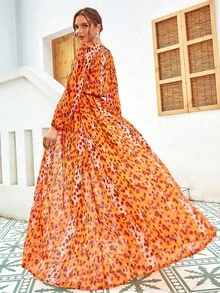 LOVE&LEMONADE 滿版印花燈籠袖高衩連身褲 - 橘色 - 查看 2