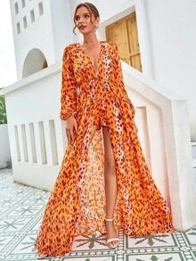 LOVE&LEMONADE 滿版印花燈籠袖高衩連身褲 - 橘色 - 查看 4