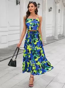 SHEIN Privé Bộ đồ hai mảnh nữ Viên lá sen Dải chun Nhiệt đới Boho - Nhiều màu - Xem 1