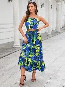 SHEIN Privé Bộ đồ hai mảnh nữ Viên lá sen Dải chun Nhiệt đới Boho - Nhiều màu - Xem 3