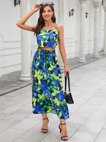 SHEIN Privé Bộ đồ hai mảnh nữ Viên lá sen Dải chun Nhiệt đới Boho - Nhiều màu - Xem 4