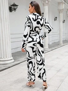 SHEIN Clasi 滿版印花腰帶襯衫連體褲 - 彩色 - 查看 2