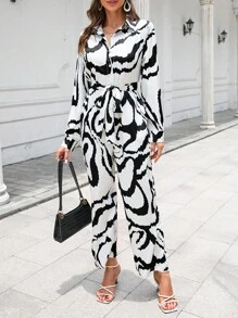 SHEIN Clasi 滿版印花腰帶襯衫連體褲 - 彩色 - 查看 4