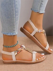 Women Round Toe Suede Rhinestone Embellished T-Strap Flat Sandals, Summer Fashionable Casual Minimalist Comfortable Elastic Strap Sandals (Random Woven Floral Pattern),Beach Outfits - Beige - View 3
