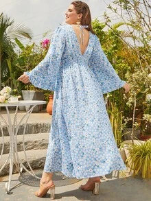 S BETRO 大碼碎花水溶蕾絲拼接連衣裙 - 淺藍色 - 查看 2