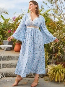 S BETRO 大碼碎花水溶蕾絲拼接連衣裙 - 淺藍色 - 查看 4