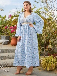 S BETRO 大碼碎花水溶蕾絲拼接連衣裙 - 淺藍色 - 查看 5