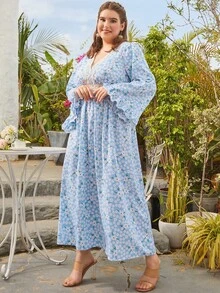 S BETRO 大碼碎花水溶蕾絲拼接連衣裙 - 淺藍色 - 查看 6