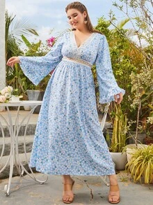 S BETRO 大碼碎花水溶蕾絲拼接連衣裙 - 淺藍色 - 查看 7