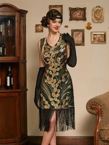 亮片拼接植物刺繡流蘇下擺連衣裙 - 墨綠色 - 查看 3