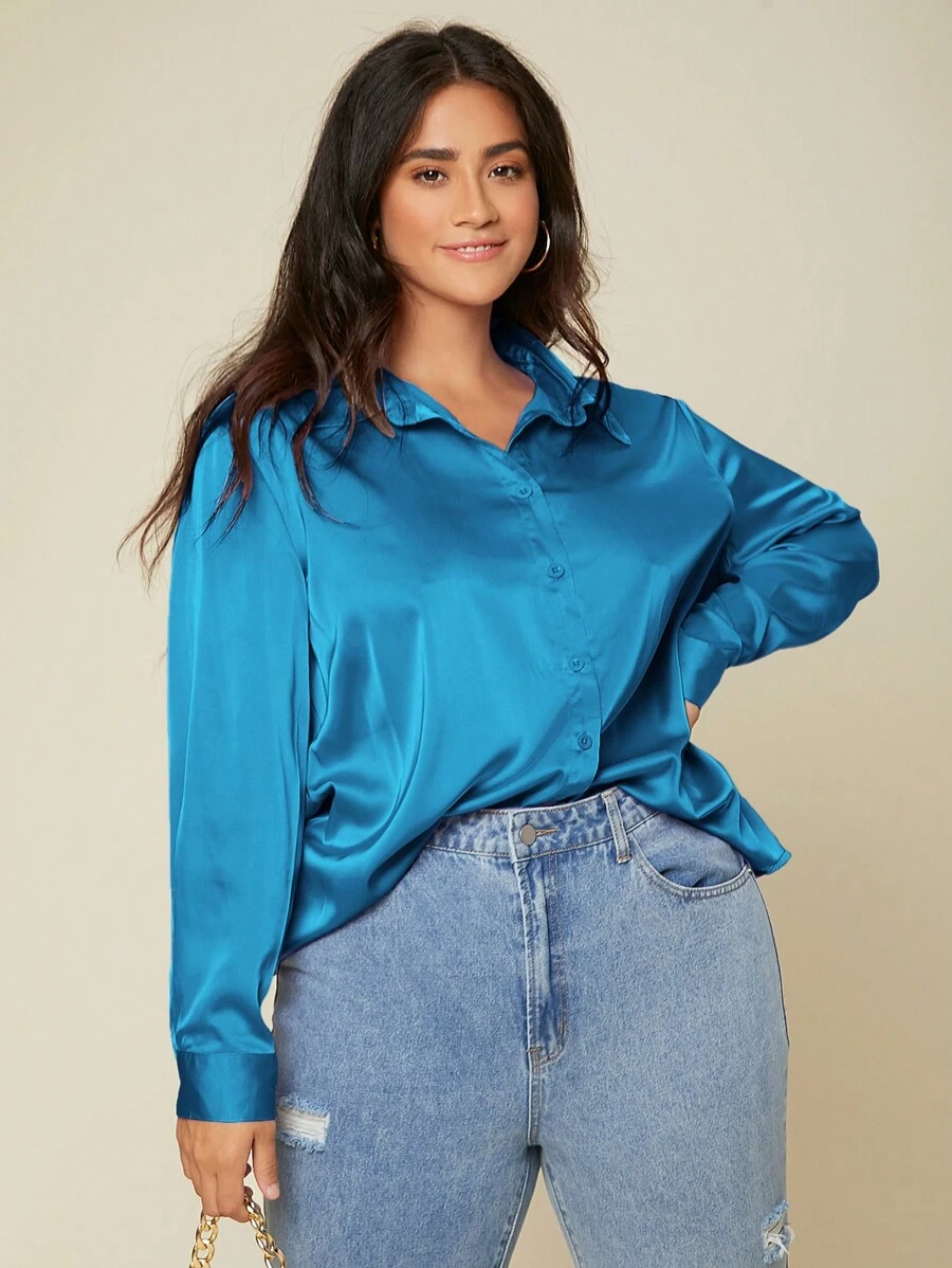 SHEIN Privé 大碼素色前紐扣緞面襯衫 - 藍色 - 查看 1