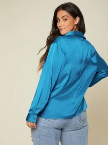 SHEIN Privé 大碼素色前紐扣緞面襯衫 - 藍色 - 查看 2