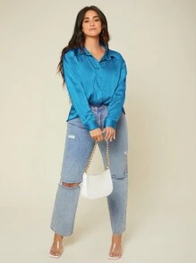 SHEIN Privé 大碼素色前紐扣緞面襯衫 - 藍色 - 查看 3