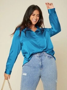 SHEIN Privé 大碼素色前紐扣緞面襯衫 - 藍色 - 查看 4