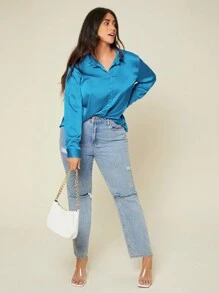 SHEIN Privé 大碼素色前紐扣緞面襯衫 - 藍色 - 查看 5