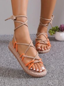 女士交叉腿部繫帶設計平底涼鞋,度假戶外織物綁帶涼鞋 - 橘色 - 查看 3
