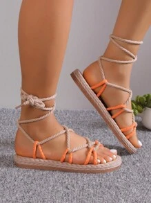 女士交叉腿部繫帶設計平底涼鞋,度假戶外織物綁帶涼鞋 - 橘色 - 查看 6