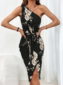 SHEIN Privé 印花單肩腰帶圍裹連衣裙 - 黑色 - 查看 3