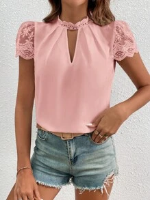 SHEIN Clasi 蕾絲拼接鎖眼領拼接細節襯衫 - 珊瑚粉 - 查看 4