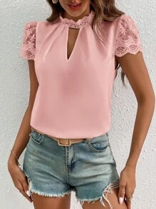 SHEIN Clasi 蕾絲拼接鎖眼領拼接細節襯衫 - 珊瑚粉 - 查看 5