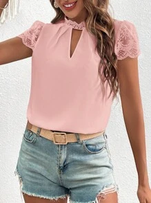 SHEIN Clasi 蕾絲拼接鎖眼領拼接細節襯衫 - 珊瑚粉 - 查看 8