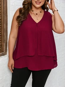 SHEIN LUNE Plus Solid Sleeveless Blouse - Burgundy - View 3
