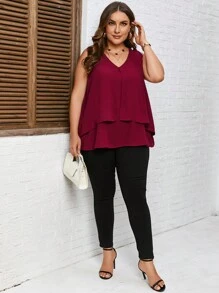 SHEIN LUNE Plus Solid Sleeveless Blouse - Burgundy - View 2