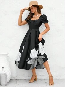 GENKIRA 印花泡泡袖褶皺細節連衣裙 - 彩色 - 查看 1