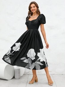 GENKIRA 印花泡泡袖褶皺細節連衣裙 - 彩色 - 查看 3