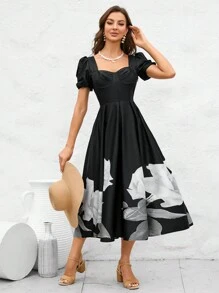 GENKIRA 印花泡泡袖褶皺細節連衣裙 - 彩色 - 查看 5