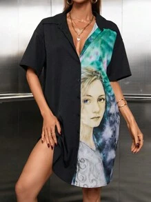SHEIN LUNE 人像圖案落肩袖襯衫連衣裙不附腰帶 - 黑色 - 查看 5