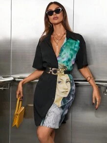 SHEIN LUNE 人像圖案落肩袖襯衫連衣裙不附腰帶 - 黑色 - 查看 7