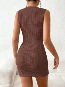 SHEIN Essnce Bộ đồ hai mảnh nữ xoắn lại Gân đan màu trơn Gợi cảm - Cà phê nâu - Xem 2