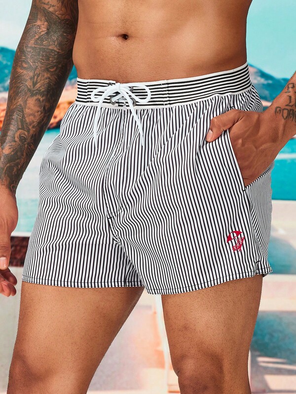 Manfinity Swimmode Men Striped Print Drawstring Waist Swim Trunks