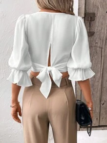 SHEIN Frenchy 後綁帶荷葉袖短款襯衫 - 白色 - 查看 2