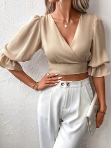 SHEIN Frenchy 後綁帶荷葉袖短款襯衫 - 杏色 - 查看 1