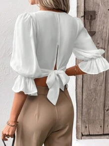 SHEIN Frenchy 後綁帶荷葉袖短款襯衫 - 白色 - 查看 4