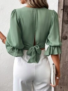 SHEIN Frenchy 後綁帶荷葉袖短款襯衫 - 綠色 - 查看 2