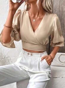 SHEIN Frenchy 後綁帶荷葉袖短款襯衫 - 杏色 - 查看 3