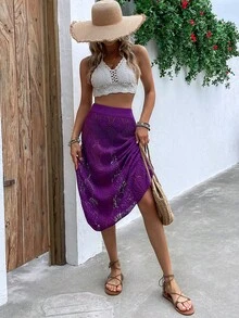 Solid Pointelle Knit Skirt - Purple - View 3