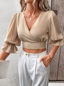 SHEIN Frenchy 後綁帶荷葉袖短款襯衫 - 杏色 - 查看 4