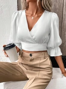 SHEIN Frenchy 後綁帶荷葉袖短款襯衫 - 白色 - 查看 6