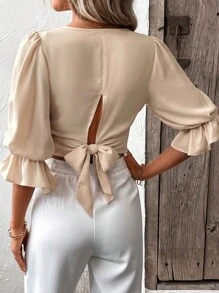 SHEIN Frenchy 後綁帶荷葉袖短款襯衫 - 杏色 - 查看 5